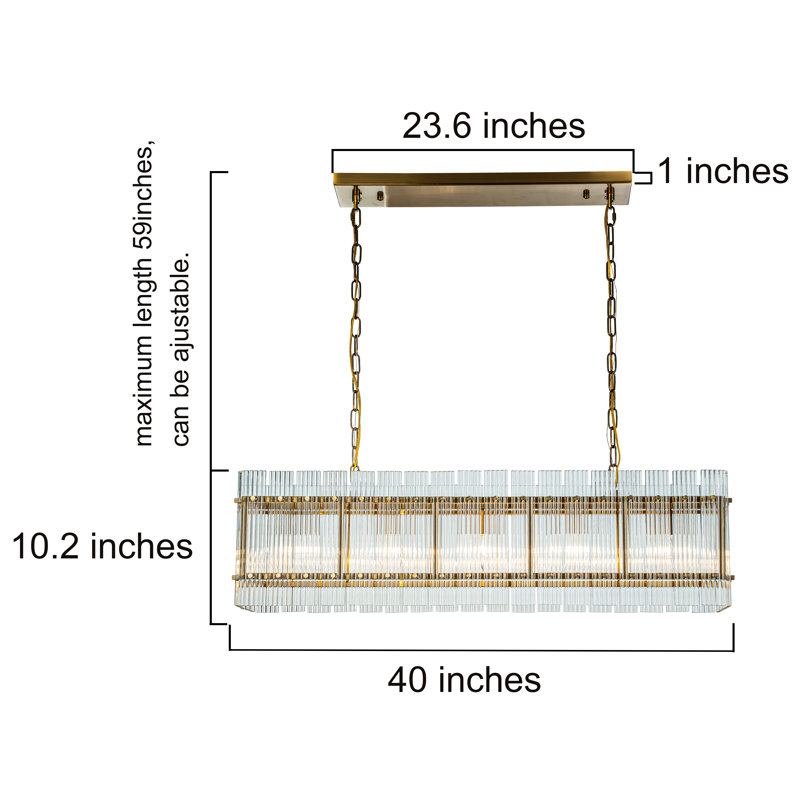 Longinus 38'' 5-light Modern Antique Gold Rectangular Dining Chandelier With Fluted Glass Panel Shade