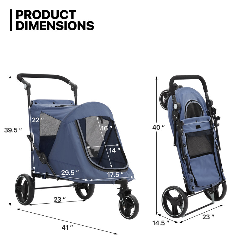 Folding 3 Wheel Pet Stroller, Foldable Dog Jogger Stroller with Adjustable Handlebar and Mesh Window, Blue