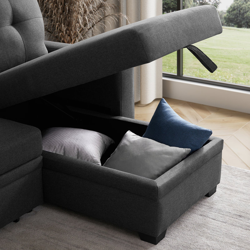 Convertible Upholstered Sectional Sofa with Pull-out Chaise, Dark Gray Linen, Right Hand Facing