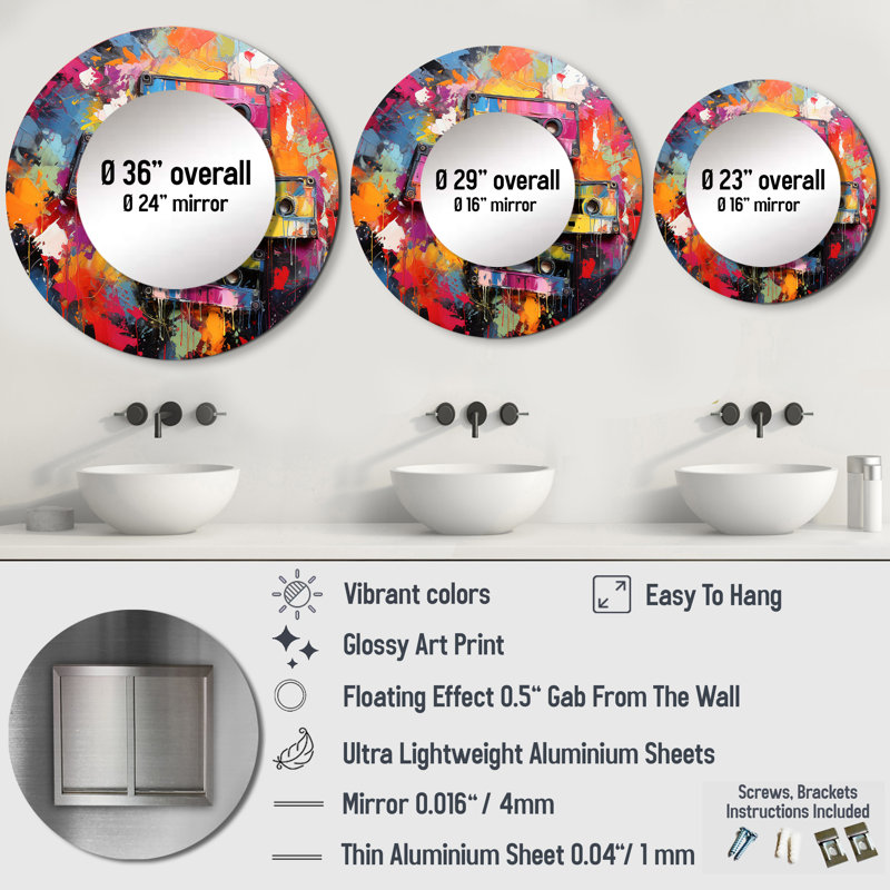 Cassette Tapes Tangled Tunes II - grand miroir de cassettes, miroir mural décoratif moderne, impression d'art, 23 po x 23 po