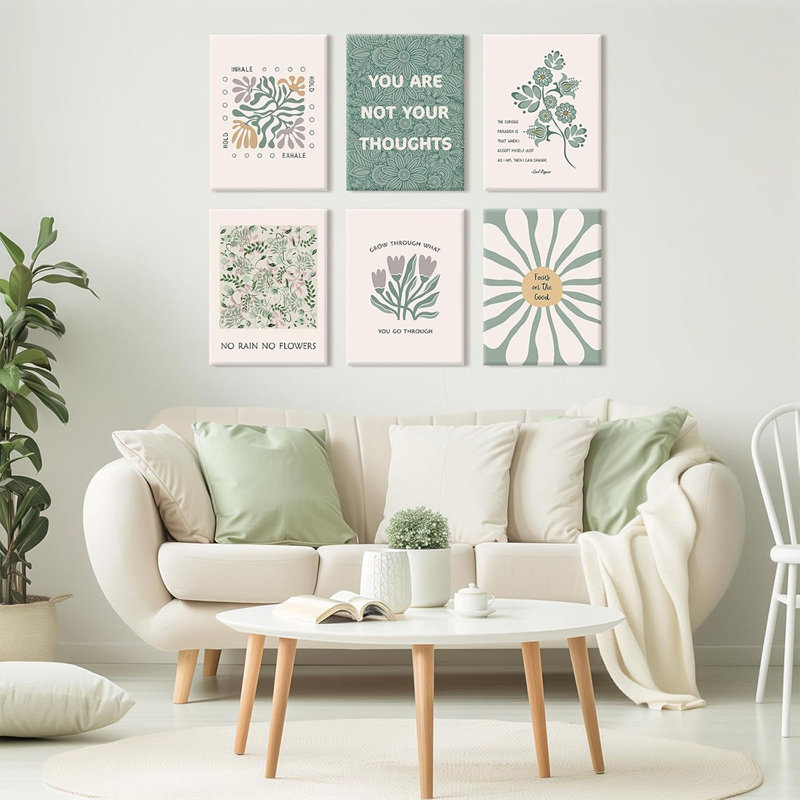 Mental Health Wall Art Therapy Office Canvas Wall Decor Green Motivational Posters Prints Boho Inspirational Quote Pictures Positive Psychology Artwork For Classroom 12X16 Inch Wrapped Canvas 6Pcs
