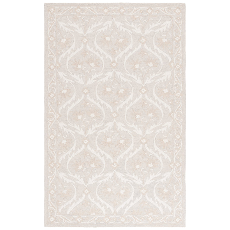 Anneriet Tufted Wool/Cotton Damask Rug in Silver/Ivory, Rectangle 9' x 12'