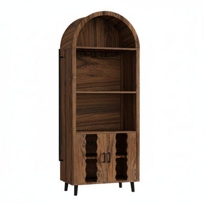 71" Farmhouse Arched Bar Cabinet With Wine Rack & Glass Holder, Tall Display Liquor Cabinet For Whiskey, Coffee, And Wine Storage — Elegant Arch Bar C