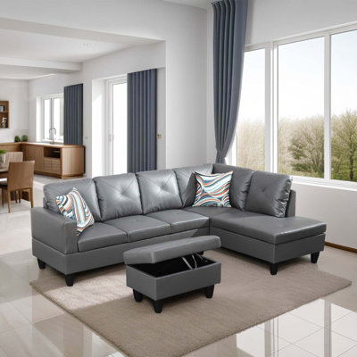 Ensemble canapé d'angle 3 pièces en similicuir gris foncé avec méridienne et pouf de rangement
