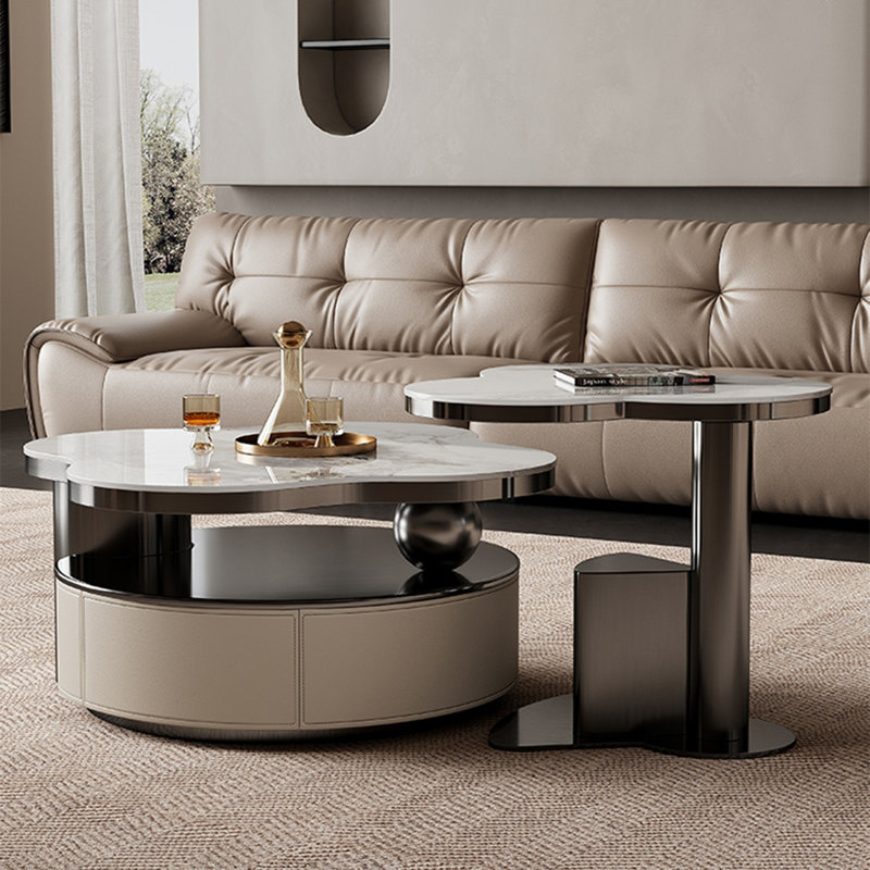 Table basse moderne en acier inoxydable, Blanc / Gris