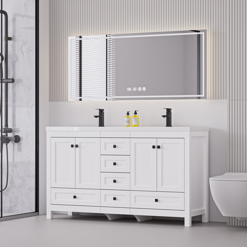 Wimer 60'' Modern Double Sink Bathroom Vanity with Spacious Resin Top, Faucet, Assembly Required, White