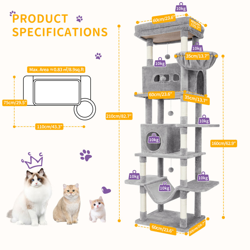 Batholo Cat Tree, Light Grey, 82.6"H x 19.6"W x 23.6"L