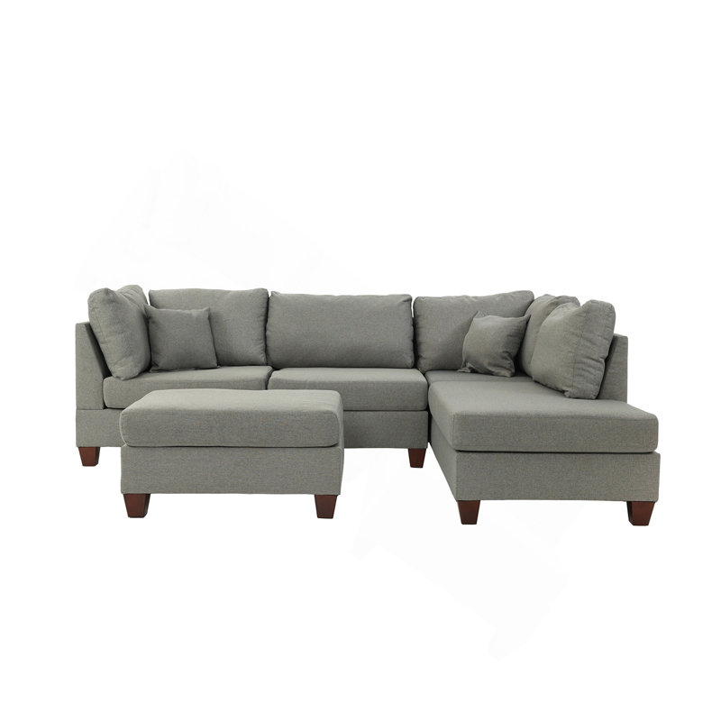 Reversible Polyfiber Sectional Sofa With Ottoman, Grey, Gray Polyester