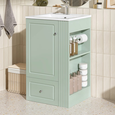 Meuble-lavabo autoportant avec lavabo, armoire de rangement avec tiroir à fermeture en douceur, tablettes latérales ouvertes
