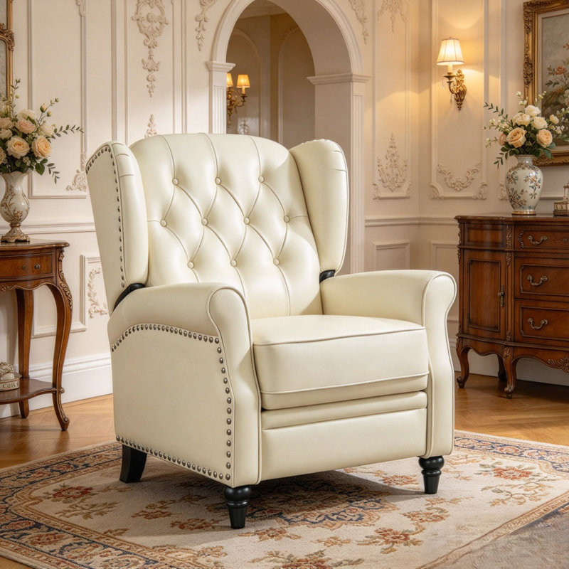 Fauteuil inclinable classique à oreilles de 79 cm de large en cuir pleine fleur, Cream Beige Top Grain Leather