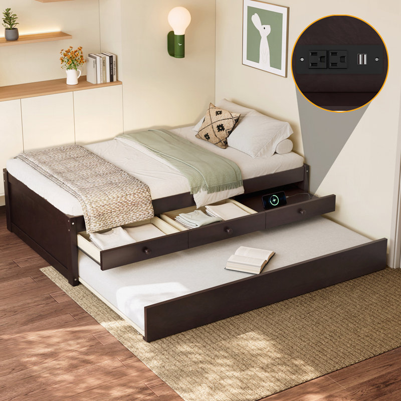 Lit plateforme en bois massif avec lit gigogne et 2 tiroirs, Lit simple, Espresso