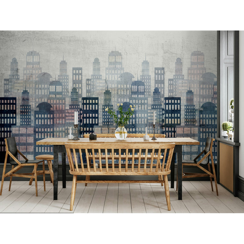 Papier peint bleu gris Misty City Skyline, L 114,96 po x l 225 po
