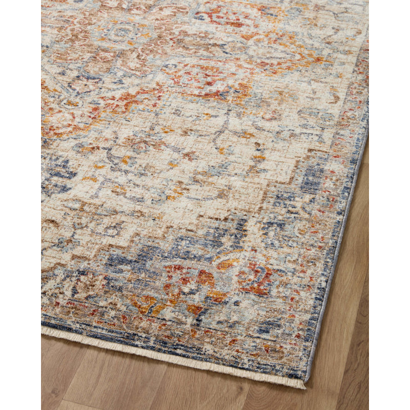 Sorrento Oriental Machine Made Power Loom Polyester Area Rug in Ivory/Fiesta, Rectangle 5'3" x 7'6"