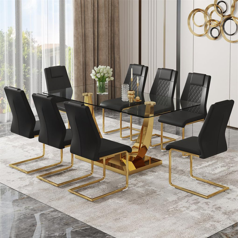 Ensemble de table de salle à manger 71 po en verre pour 8, ensemble de table et chaises de cuisine 9 pièces, pour le salon, petit espace (inclure 8 chaises noires)
