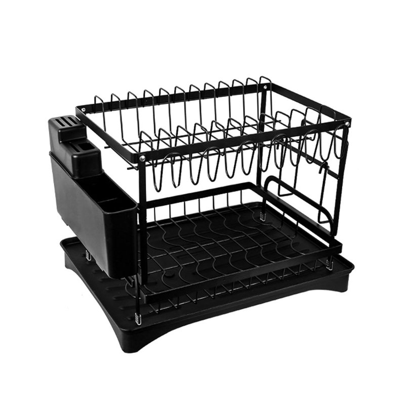 2-Tier Dish Drainer Sink Rack With Drip Tray Space-Saving Drying Plate Rack With Cutlery And Cup Holders For Kitchen , Black