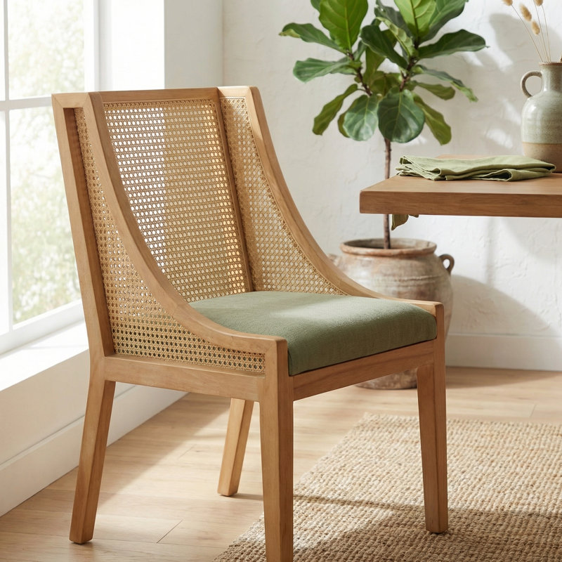 Farmhouse Rustic Side Chair - Durable Solid Wood Dining Chair With Linen Upholstered Seat & Decorative Armrests, Green