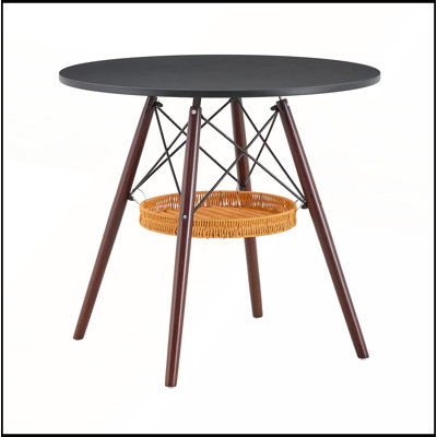 31.5-Inch Circular Dining Table with Walnut Legs and Suspended Woven Storage for Small Spaces and Versatile Use