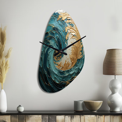 Gold Teal Ocean Spiral V - Fall Shape Large Abstract Spirals 3D Wall Clock