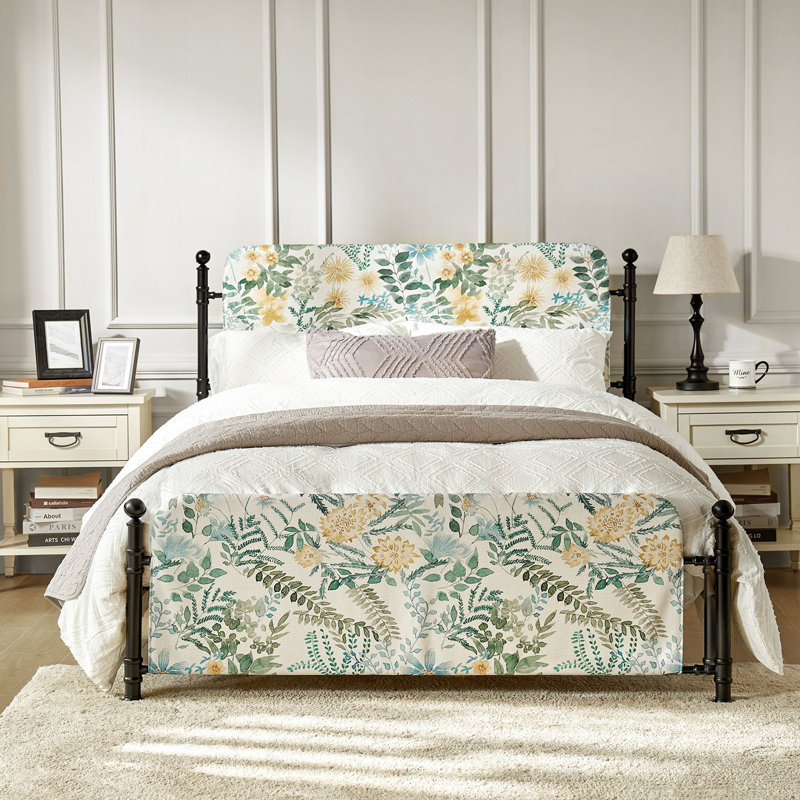 Carlyon 62" W Metal Four Poster Bed with Washable Slipcover and Adjustable Headboard, Ivory