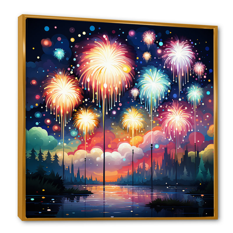 Feux d'artifice bleus et roses au bord du lac - Art mural, Cadre flottant doré, H 30 po x l 30 po x P 1,5 po