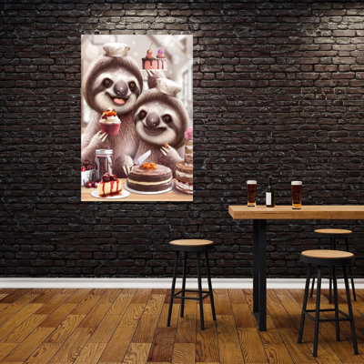 Sloth Baking Cakes Abstract Contemporary Forest Landscape Wall Art Print 1 Piece Wrapped Canvas Wall Art