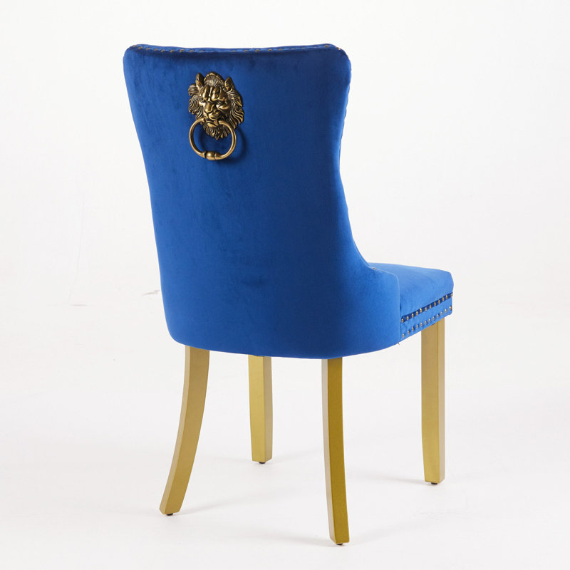 Mid-Century Modern Chairs With Lion Head Pull Ring,High-End Tufted Solid Wood Contemporary Velvet Upholstered Dining Chair With Golden Wooden Legs Nailhead Trim 2-Pcs Set