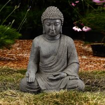 Goodeco Meditating Buddha Statue Figurine Sculpture - Indoor or Outdoor Zen  Decor for Home/Garden with Natural Wood Beaded Necklace,Polyresin,Antique