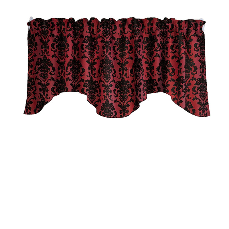 Poplin Damask Floral Scalloped Wave Window Valance 58" Wide, Cranberry Red