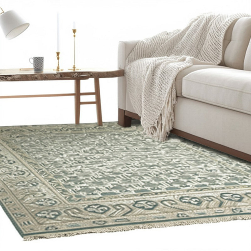 Green Hand-Knotted Wool Lattice Linked Lozenges Geometric Modern Contemporary Carpet Rug, 6' x 9'