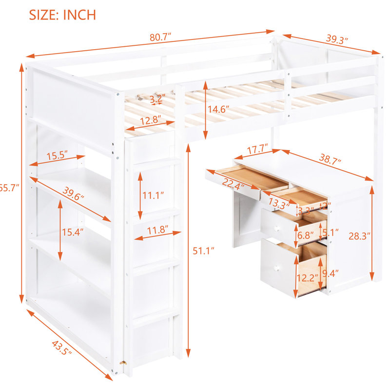 Lit mezzanine simple blanc avec tablettes, bureau inclus - fabrication en bois massif pour une durabilité accrue et une utilisation accrue de l'espace, tablettes en construction robuste pour maximiser le confort