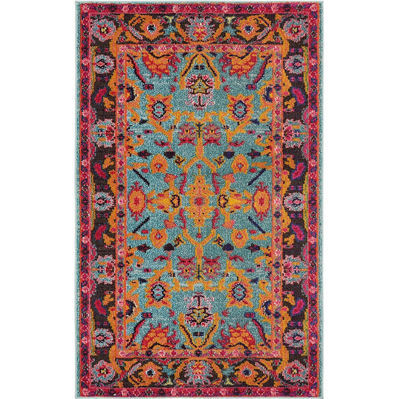 Bleu oriental/rose/brun Tapis décoratif Dauphine, Rectangle 5 pi x 8 pi