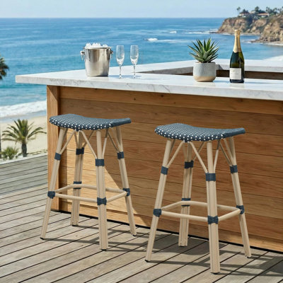 PURPLE LEAF Outdoor 2 Backless Rattan Barstools with Saddle Seat and Footrest All Weather Aluminum Bar Stools