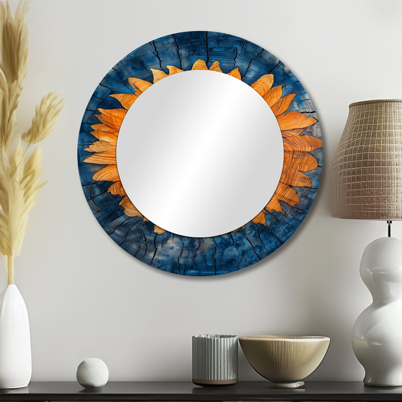 Tournesols orange sur glissoire en bois - miroir traditionnel pour décoration murale - imprimé sur métal, 23 po x 23 po
