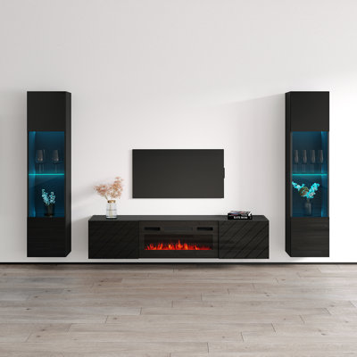 Brezlyn 103.6" Modern Entertainment Center with Electric Fireplace, High Gloss Finish, Wall-Mounted
