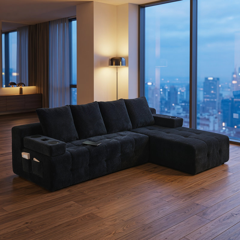 Compressed L-shaped Sectional Sofa With Side Pockets,wireless Charging Device, Two Usb Charging Ports, One Cup Holder, Bluetooth Speaker,reversible Lounge Chaise, Chenille Material,black Color