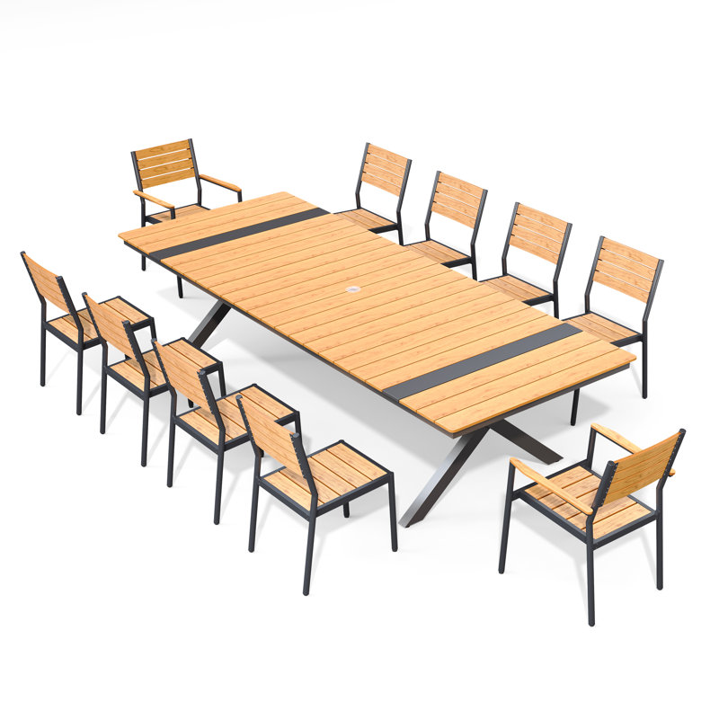 10 - Person Outdoor Patio Dining Set with Aluminum Frame, Umbrella Hole, Stackable Armless and Armed Chairs, Brown/Black