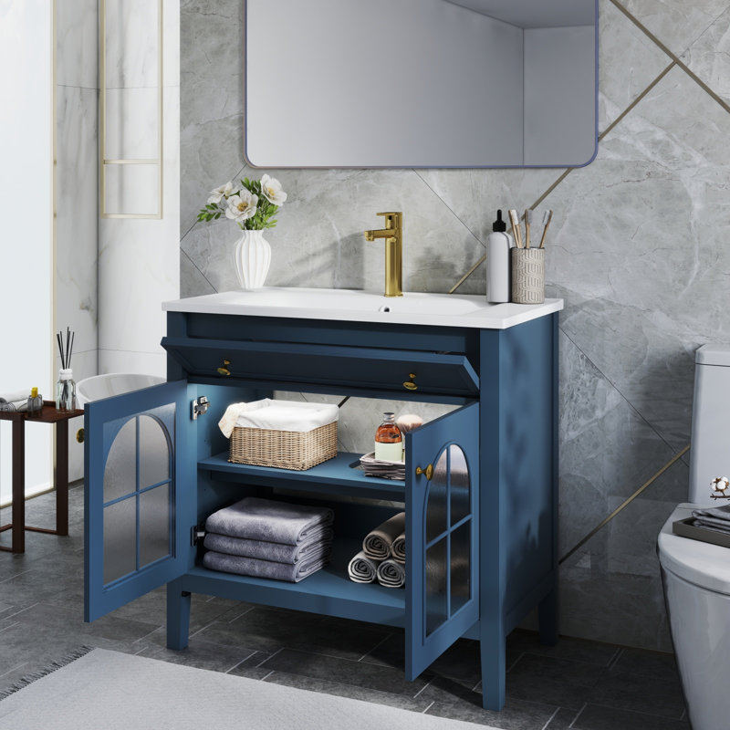Lavabo de salle de bain 35,6 po Mid-Century avec verre à motif et bande lumineuse à capteur de mouvement, lavabo de salle de bain autoportant Farmhouse avec rangement, meuble-lavabo haut de gamme pour salle de bain, bleu