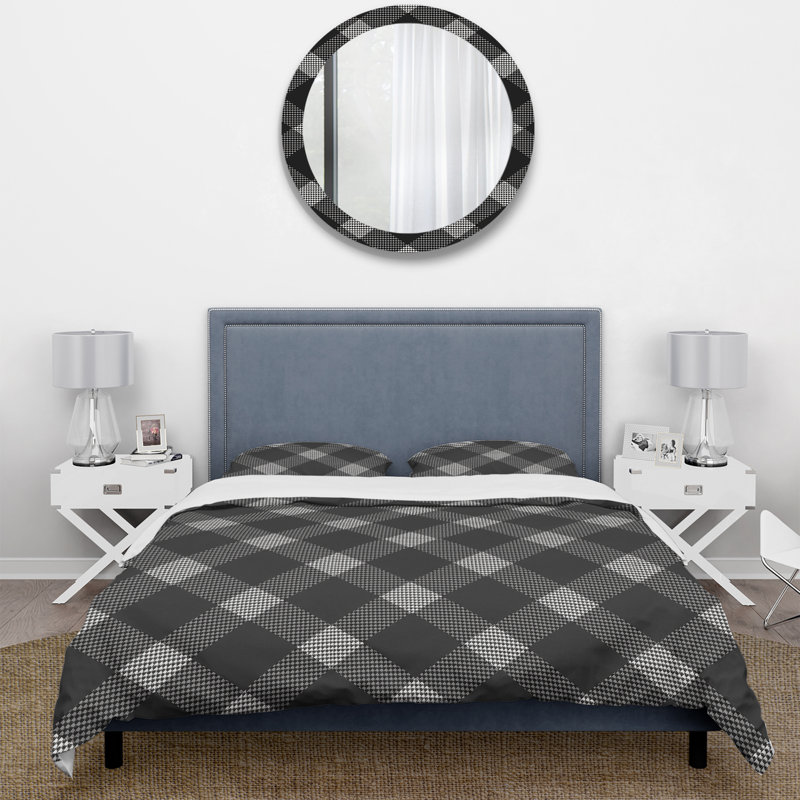 Ensemble de housse de couette à motif pied-de-poule gris, Housse de couette pour grand lit et 2 taies décor