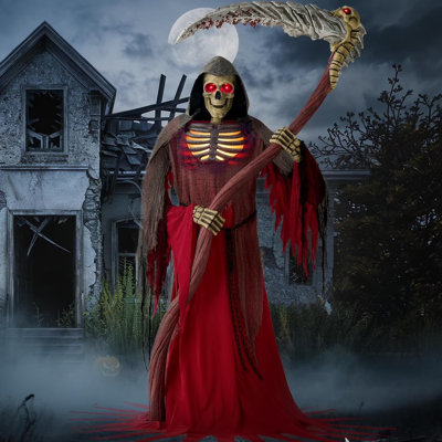 Faucheuse debout animée d'Halloween de 7 pi tenant une faux géante avec lumière et capteur infrarouge