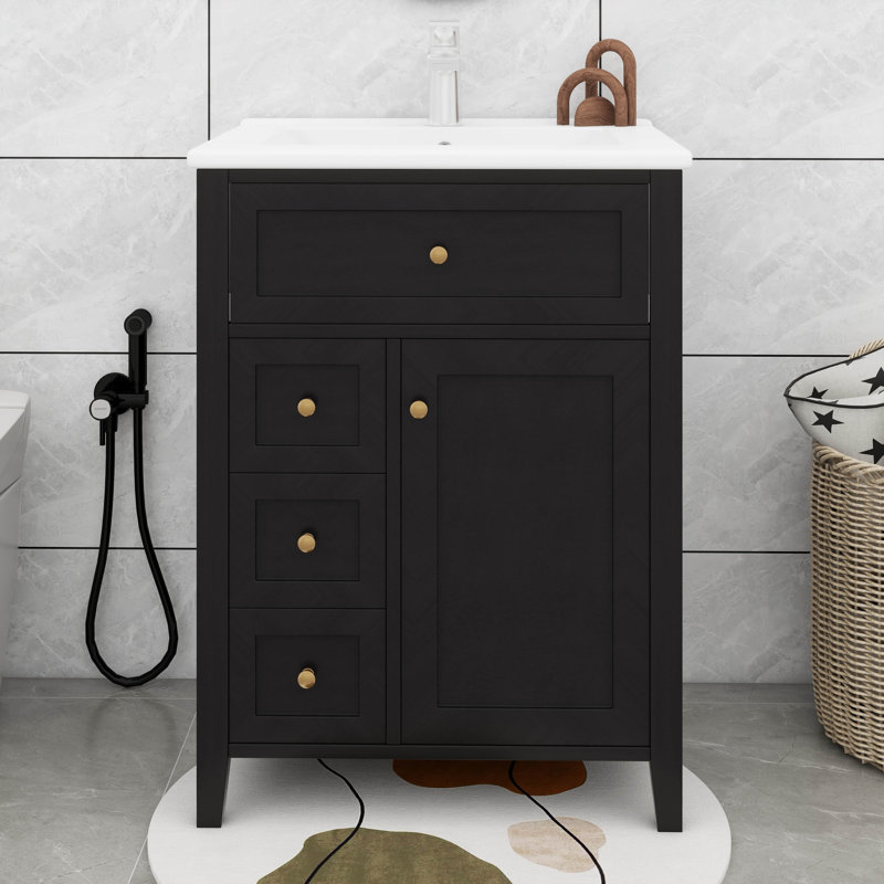  Meuble-lavabo 24 po avec lavabo, tiroirs et tablettes réglables, Black