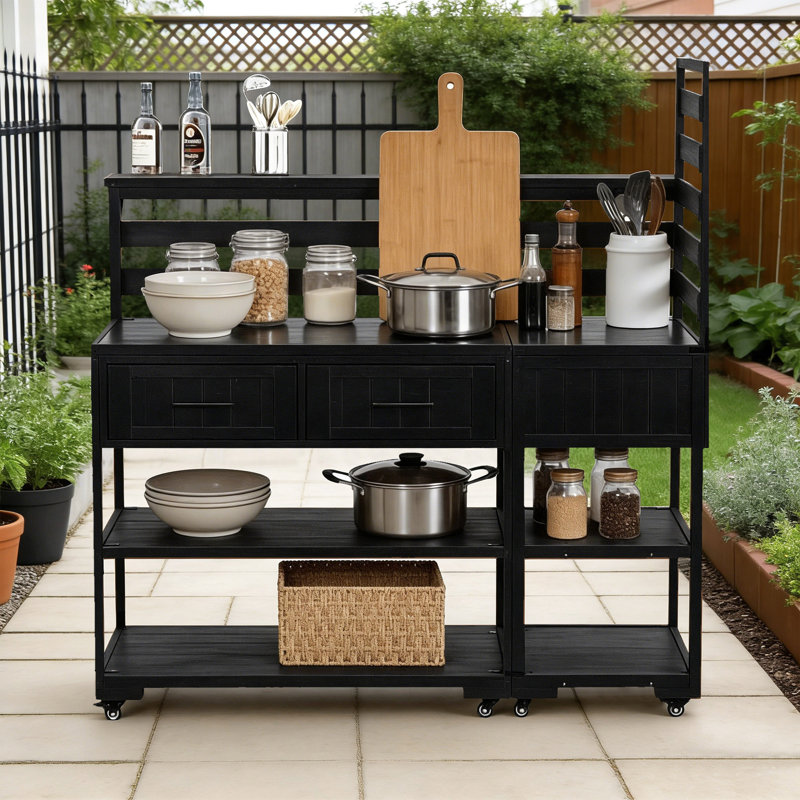65‘’H Outdoor Patio Solid Wood Kitchen Island, Black