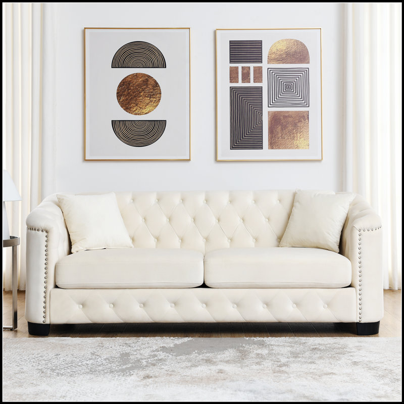 Canapé Chesterfield moderne de 77 pouces en velours, canapé 3 places, dossier capitonné, 3, Beige