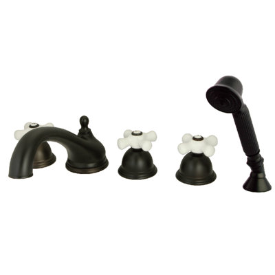 Kingston Brass Milano Three-Handle 5-Hole Deck Mount Roman Tub Faucet with Hand Shower