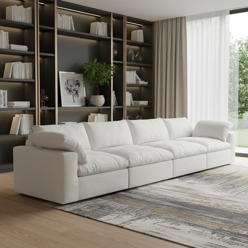 Canapé modulaire en mélange de lin blanc de 160 po avec coussins décoratifs Gracie Mills, L 160 po, Mélange de lin blanc