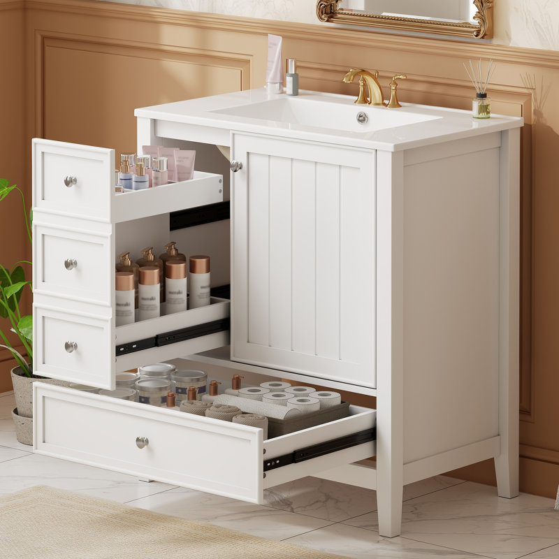  Meuble-lavabo autoportant avec rangement à 4 tiroirs 30 po avec lavabo et 30 tiroirs, blanc, White