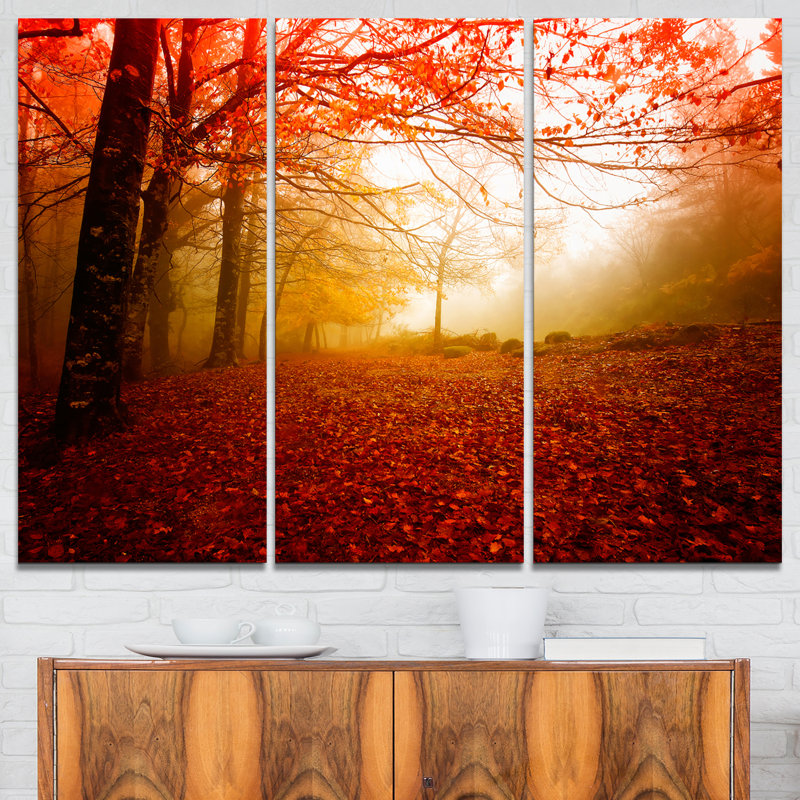 Ensemble de 3 impressions sur toile tendue, "jaune-rayons" dans la forêt rouge-3 pièces