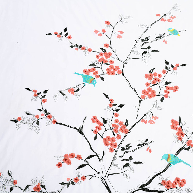 Ensemble de housse de couette 100% coton brodé cerisier 3 pièces, Housse de couette pour grand lit et 2 taies décor, Corail