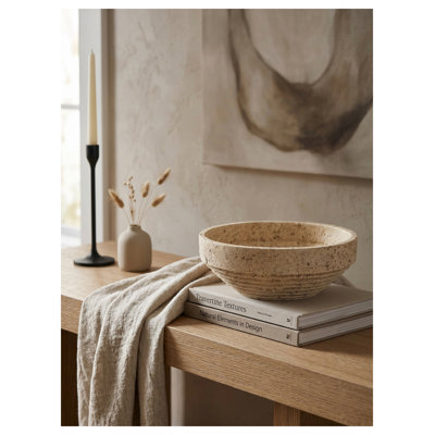 11" Cement Ribbed Decorative Bowl in Beige