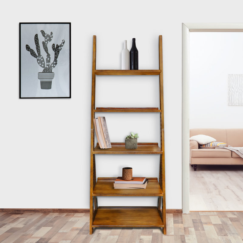 Amber 5-Shelf Ladder Bookcase, Warm Brown