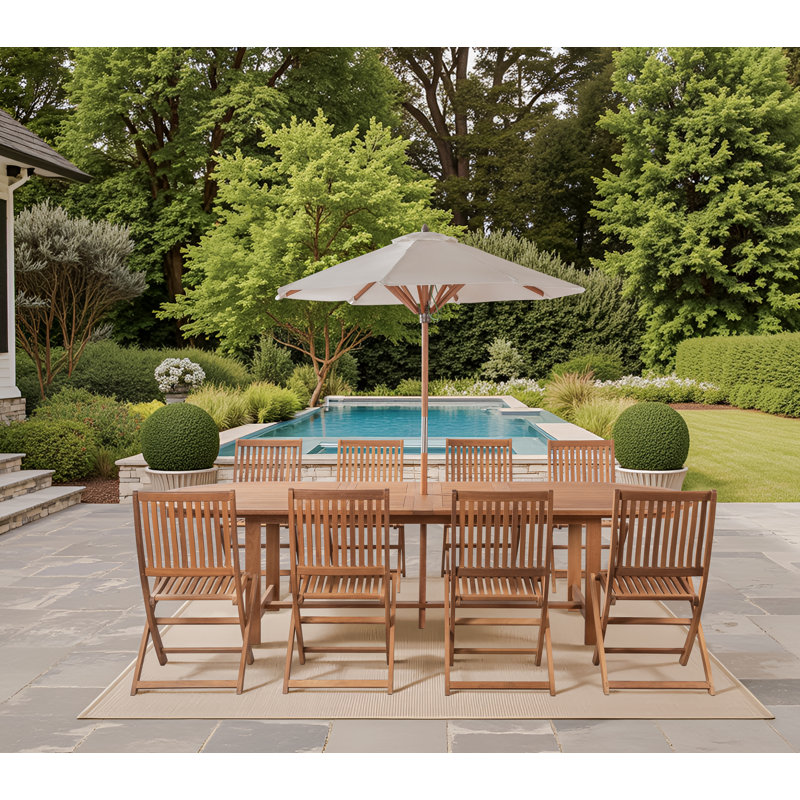 9-piece Extendable Solid Eucalyptus Wood Patio Dining Set With Folding Chairs